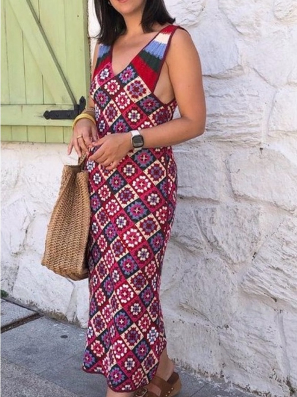 ZARA Patchwork Crochet Granny Square Midi Dress V-Neck Multicolor Size M - Picture 3 of 5